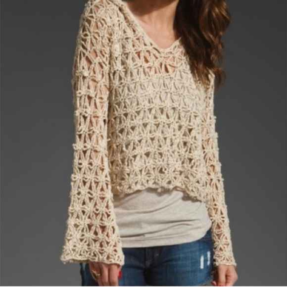 Free People Crochet Knit Hooded Sweater SZ Small Tan Beach Wear Summer EUC - Picture 4 of 9